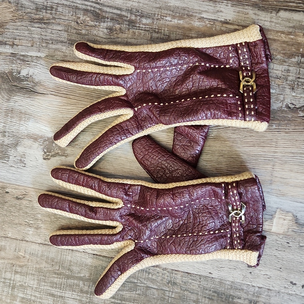 Aris Novakid Womens Burgandy & Tan Leather Driving Gloves Size Med Lux Chic